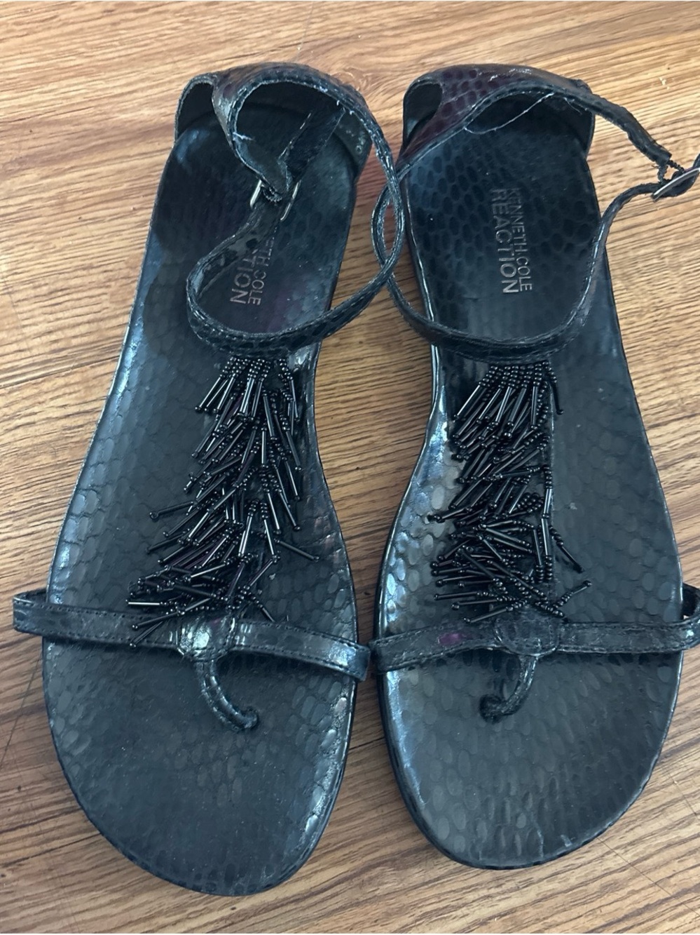 Kenneth Cole Black Beaded T-Strap Sandals